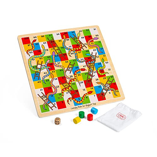 Bigjigs Toys Traditional Snakes and Ladders Game 4 Player Wooden Board with Counters & Dice Family Toy for Kids & Adults Educational Tool for 3+ Year Old Children Classic
