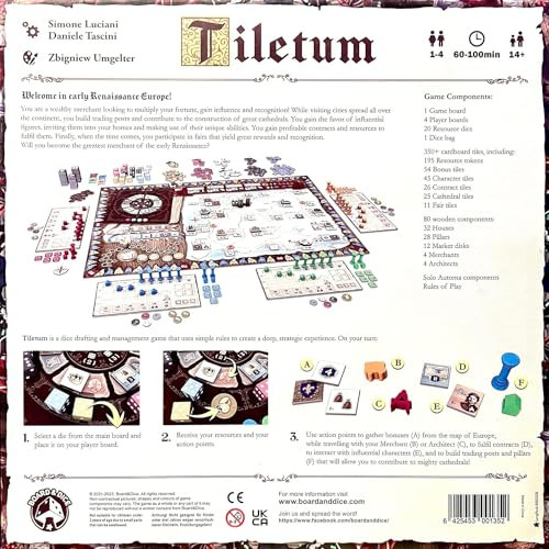 Board & Dice: Tiletum - A Deeply Thematic Dice-Management Eurogame Play As Merchants in The Early Days of The Renaissance Ages 14+ 1-4 Players 60-100 Minute Playing Time