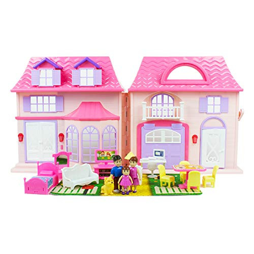 Boley American Doll House - 21 Pc Kids & Toddler Toy House Playset with Furniture Dolls Lights & Sounds Foldable Portable Dollhouse for Girls & Boys