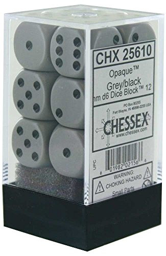 Chessex DND Dice Set D&D Dice-16mm Opaque Dark Grey and Black Plastic Polyhedral Dice Set-Dungeons and Dragons Dice Includes 12 Dice – D6 Various (CHX25610) Standard (15mm - 17mm)