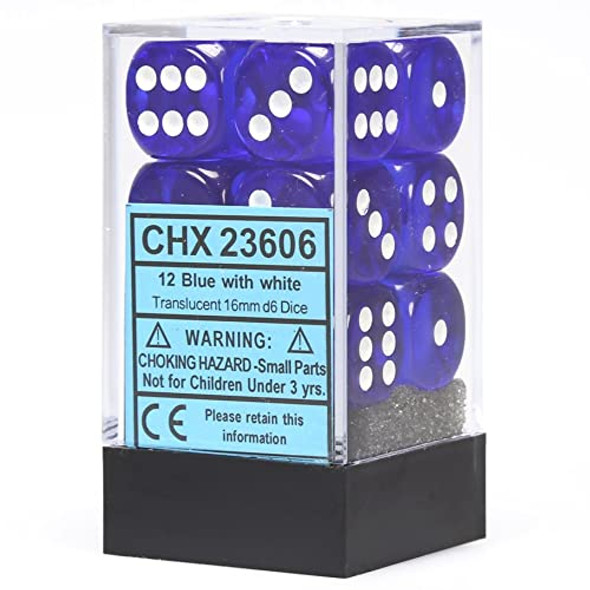 Chessex DND Dice Set-16mm Translucent Blue and White Plastic Polyhedral Dice Set-Dungeons and Dragons Dice Includes 12 Dice – D6 (CHX23606)