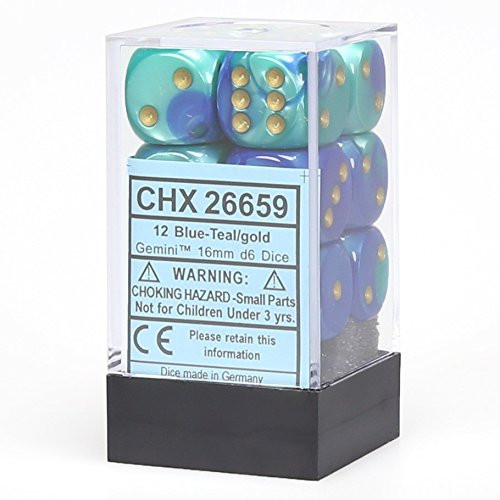 Chessex DND Dice Set-16mm Gemini Blue Teal and Gold Plastic Polyhedral Dice Set-Dungeons and Dragons Dice Includes 12 Dice – D6 CHX26659 Standard (15mm - 17mm)