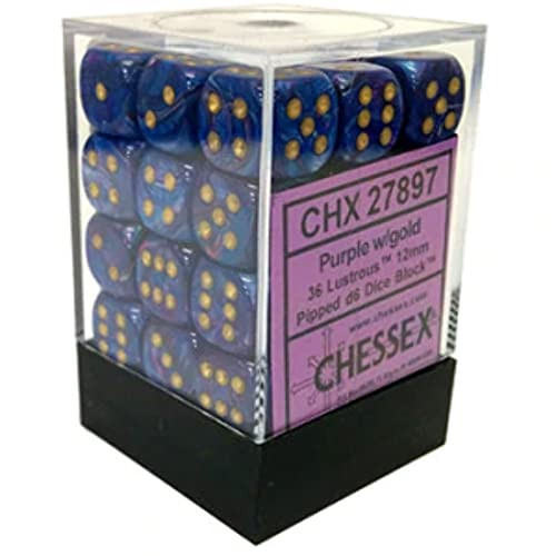 Chessex DND Dice Set-Chessex D&D Dice-12mm Lustrous Purple and Gold Plastic Polyhedral Dice Set-Dungeons and Dragons Dice Includes 36 Dice – D6 Various (CHX27897)