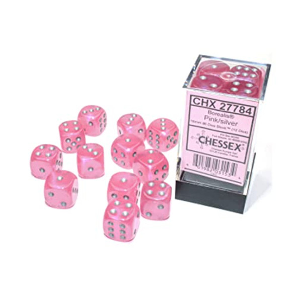 Chessex Borealis 16mm d6 Pink/Silver Luminary Dice Block (12 dice) (27784)