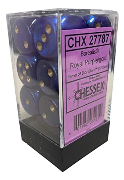 Chessex Borealis 16mm d6 Royal Purple/Gold Luminary Dice Block (12 dice) (27787)