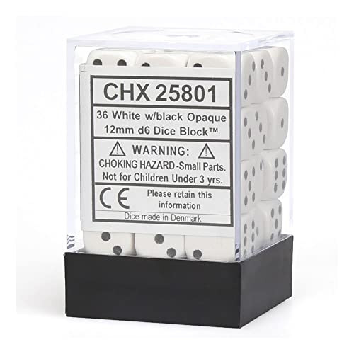 Chessex Opaque 12mm d6 White w/Black Dice Block 36 Dice