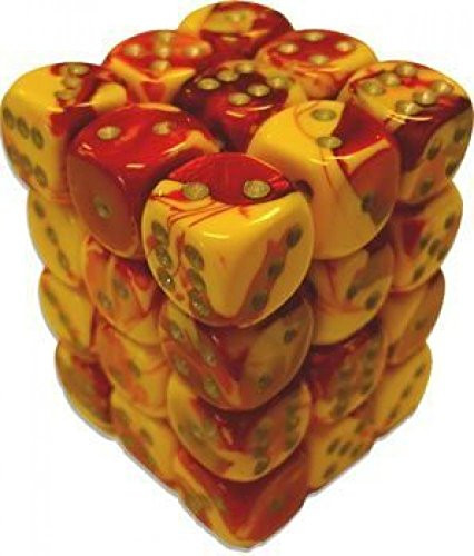 Chessex Dice d6 Sets: Gemini Red & Yellow with White - 12mm Six Sided Die (36) Block of Dice
