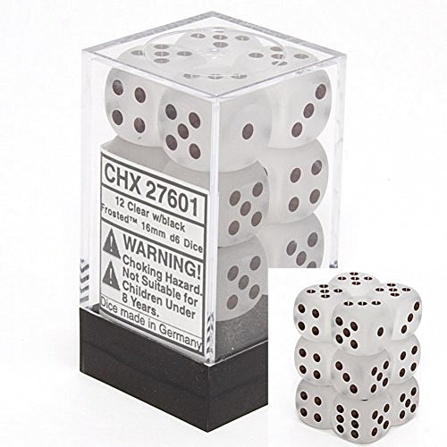 Chessex Dice D6 Sets: Frosted Clear with White - 16Mm Six Sided Die (12) Block of Dice