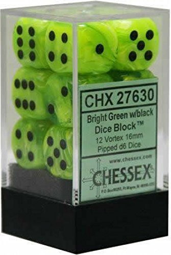 Chessex Dice D6 Sets: Vortex Bright Green with Black - 16Mm Six Sided Die (12) Block of Dice