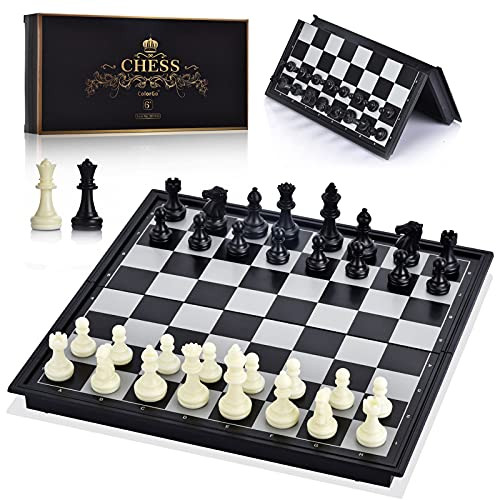 COLORGO Chess Set with Folding Magnetic Travel Games Board and 2 Extra Queens for Kids and Adults