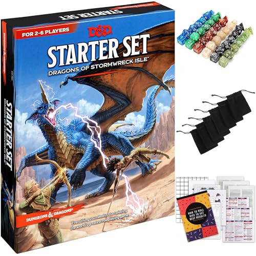 CraftyCrocodile Dungeons and Dragons Starter Set - 6th Edition Dragons of Stormwreck Isle Bundled with 6 Dice Sets Flannel Bags Master Screen Heroes Miniatures Printable Materials - DnD Starter kit