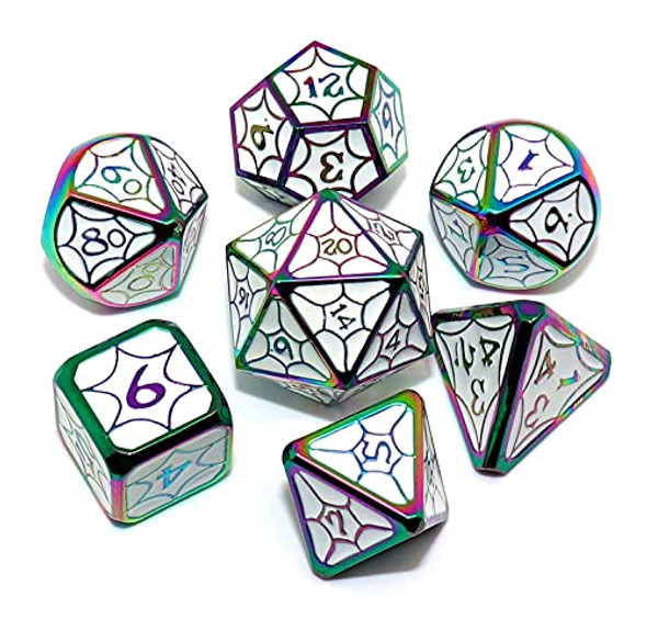 CREEBUY Polyhedral DND Dice White Alloy Dice with Colorful Dice Border for Dungeon and Dragons Pathfinder Role Playing Dice Petal Pattern Game Dice Set