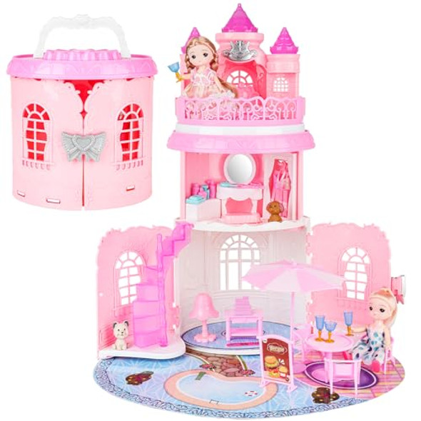 deAO Portable Doll House Playset Castle with 2 Doll Toy Figures Living Room Bedroom Balcony & Accessories for 3 to 7 Year Olds Kids (Pink)