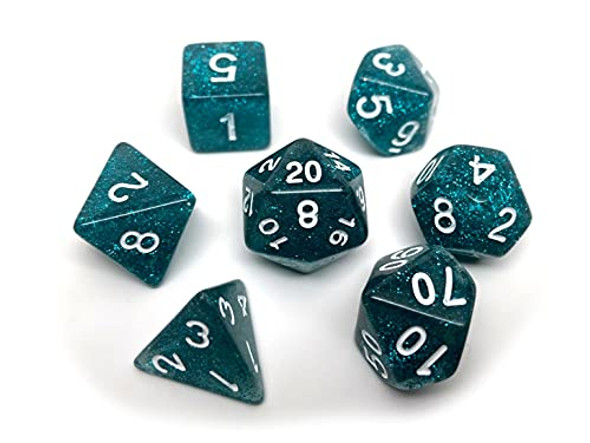 Easy Roller Dice Co. Glitter and Sparkle Polyhedral Dice Set - 7 Piece Dice Set with One D20 D12 D10 D8 D6 D4 and D00 (Teal Sparkle with White Font)