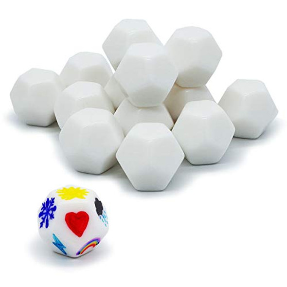 FOIBURELY 15 pcs D12 White Blank dice 25 mm for Board Games Teaching and DIY