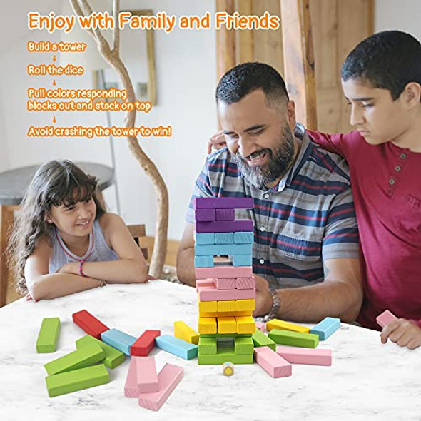 Gentle Monster Wooden Colorful Stacking Board Games Builing Blocks for Kids Boys Girls 54 Pcs Wood Balancing Blocks Montessori Toy for Kids Classic Game for Party with Storage Bag