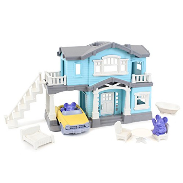 Green Toys House Playset Blue - 10 Piece Pretend Play Motor Skills Language & Communication Kids Role Play Toy. No BPA phthalates PVC. Dishwasher Safe Recycled Plastic Made in USA.