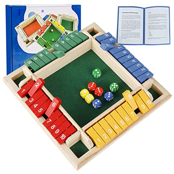 HOTBEST Shut The Box Dice Game Wooden Board Table Math Game 2-4 Player Family Classics Tabletop Version Games with 8 Colored Dices Educational Learning Interactive Game for Classroom Home Party or Pub