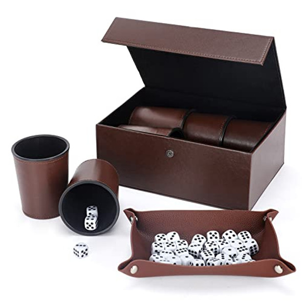 ImnBest Party Games Leather Dice Cup Set 6 Black Leather Dice Cups +30 Dice + Exclusive Storage and Transport Case Made of Faux Leather