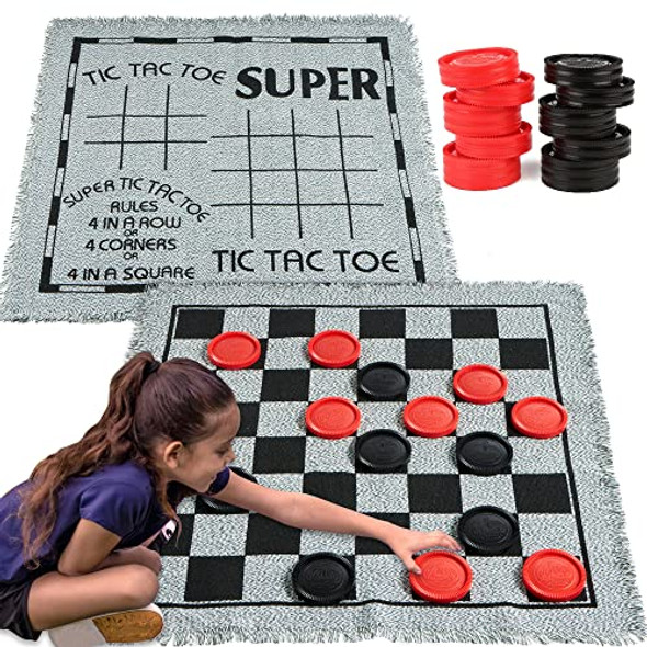 JOYIN 3-in-1 Vintage Giant Checkers Tic Tac Toe with Reversible Mat 24 Chips Family Board Game Lawn Game BBQ Party Favor Indoor and Outdoor Activity for Kids and Adults