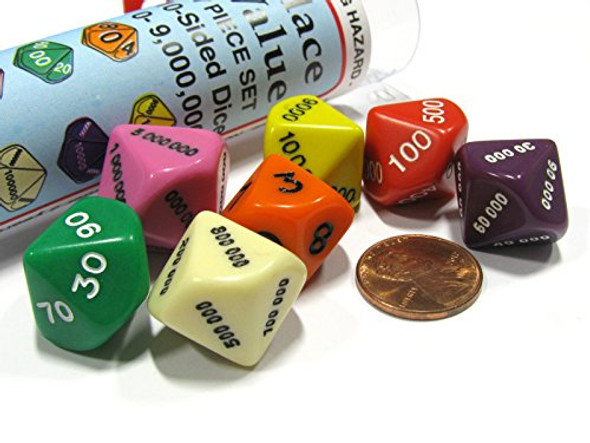 Koplow Games Set of 7 Place Value D10 Dice in a Tube- Number Die for Counting 0 to 9999999
