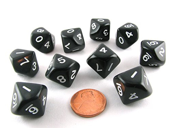 Koplow Games 10 Piece Set of 10-Sided D10 Polyhedral Dice - Black with White Numbers