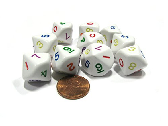 Koplow Games Set of 10 D10 Ten-Sided Opaque Rainbow Dice 0-9 - White with Multicolor Number