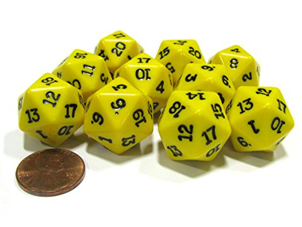 Koplow Games Set of 10 Twenty Sided 19mm D20 Opaque RPG Dice - Yellow with Black Numbers Die