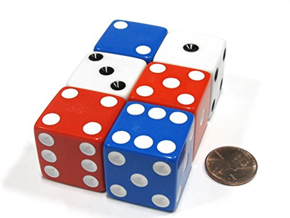 Koplow Games Set of 6 Patriotic D6 25mm Large Opaque Jumbo Dice- 2 Each of Red White and Blue by Koplow Games