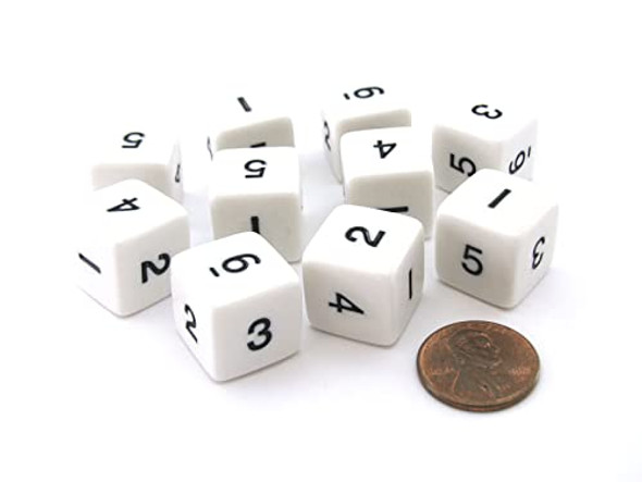 Koplow Games Set of 10 D6 Six-Sided 16mm Opaque Numbered Dice - White with Black Numbers