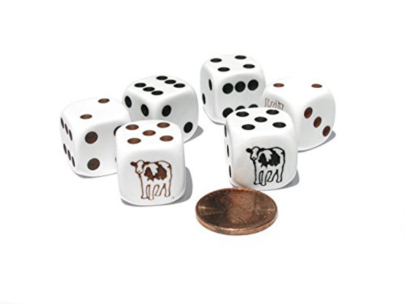 Koplow Games Set of 6 Cow Dice 16mm D6 Rounded Edge- 3 White w Brown and 3 White w Black