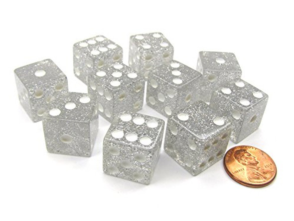 Koplow Games Set of 10 D6 16mm Glitter Dice - Clear/White with White Pips