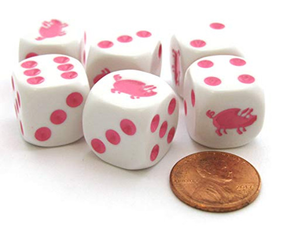 Koplow Games Set of 6 Pig 16mm D6 Round Edged Koplow Animal Dice - White with Pink Pips