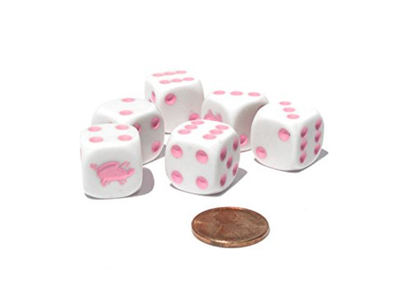 Koplow Games Set of 6 Pig 16mm D6 Round Edged Koplow Animal Dice - White with Pink Pips