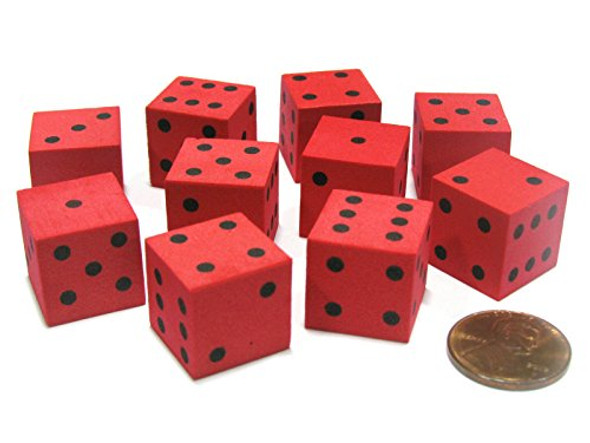 Koplow Games Set of 10 D6 16mm Foam Dice with Square Corners - Red with Black Spots