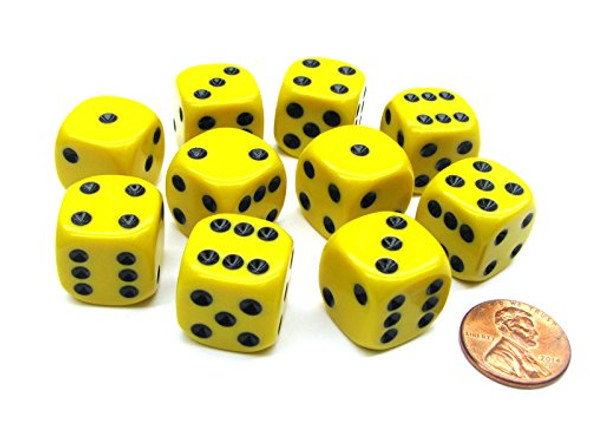 Koplow Games Set of 10 D6 16mm Rounded Corner Opaque Dice - Yellow with Black Pips