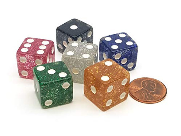 Koplow Games Set of 6 16mm D6 Glitter Dice - 1 Each of Red Black Green Yellow Blue White