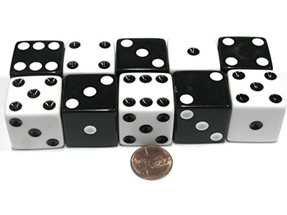 Koplow Games Set of 10 Inverse D6 25mm Large Opaque Jumbo Dice - 5 Each of White and Black