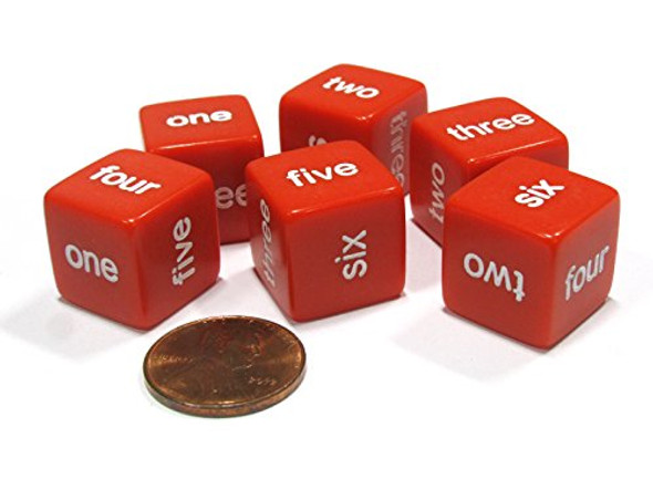 Koplow Games Set of 6 D6 16mm Word Number Dice - Math Educational Die - Red with White Pip
