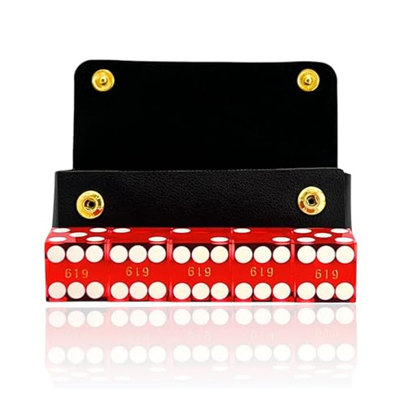 Luck Lab Grade AAA 19mm Casino Dice with Razor Edges and Matching Serial Numbers Set of 5 and Leather Dice Case (Red)