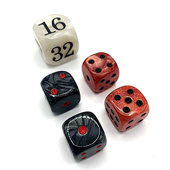 Luck Lab Backgammon Pearl Dice Set - 22 mm Doubling Cube Plus Four 16 mm Dice with Storage Bag Red/White Marbelized