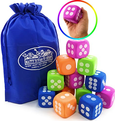 Matty's Toy Stop Deluxe Large 2.25" EVA Foam Dice (Pack of 12) with Bonus Matty's Toy Stop Storage Bag