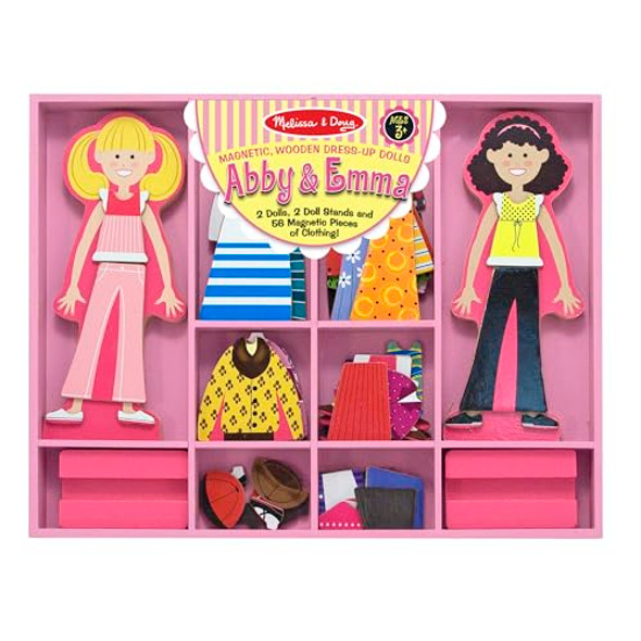 Melissa & Doug Abby and Emma Magnetic Wooden Dress-Up Dolls Play Set (55+ Pieces) Magnetic Dolls Pretend Play & Preschool Toys for Kids 3+