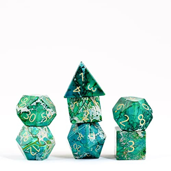 Metallic Dice Games FanRoll 16mm Stone Poly DND Dice Set: Engraved Imperial Stone: Green Role Playing Game Dice for Dungeons and Dragons