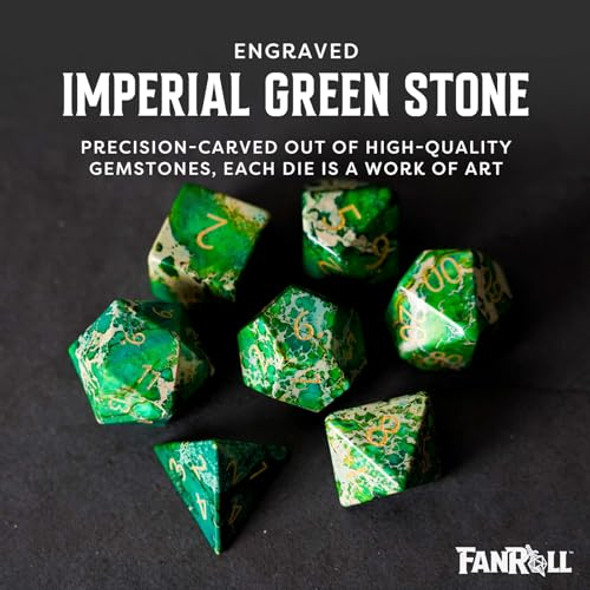 Metallic Dice Games FanRoll 16mm Stone Poly DND Dice Set: Engraved Imperial Stone: Green Role Playing Game Dice for Dungeons and Dragons