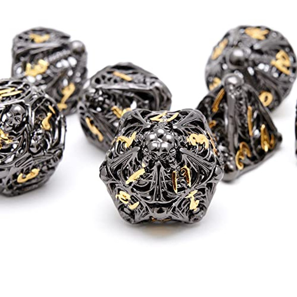 MIYUDAIS Hollow Metal DND Game Dice Black and Gold Numbers 7Pcs Set for Dungeons and Dragons RPG MTG Table Games D&D Pathfinder Shadowrun and Math Teaching (with Metal Case)