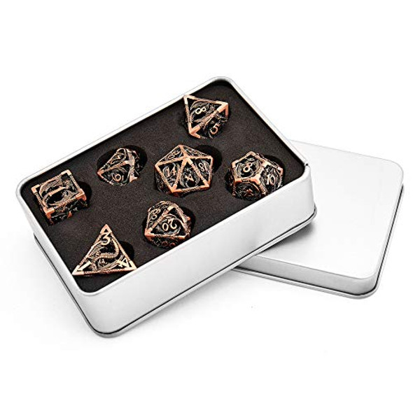 MIYUDAIS Hollow Metal DND Game Dice Dragon Shape Carved Antique Copper 7Pcs Set for Dungeons and Dragons RPG MTG Table Games D&D Pathfinder Shadowrun and Math Teaching (with Metal Case) -