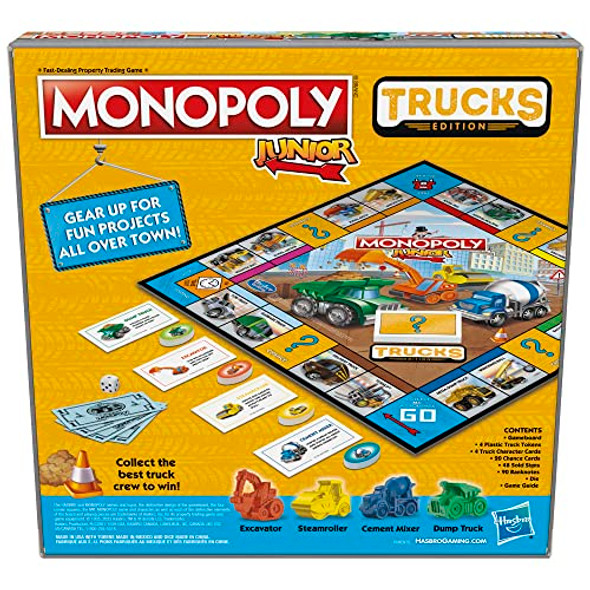 Monopoly Junior Trucks Edition Board Game for Kids Ages 5+ 2-4 Player Kids Games ( Exclusive)