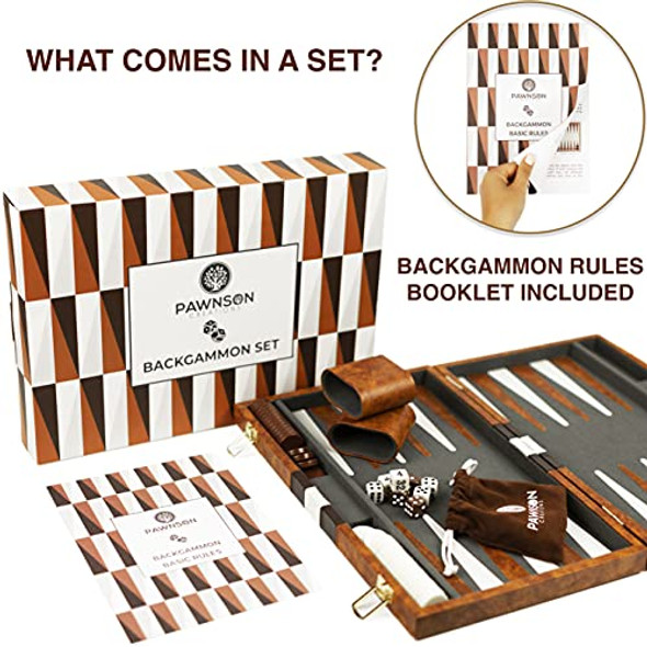 PAWNSON CREATIONS Backgammon Set - 15 Inch Classic Backgammon Board Game Sets Handheld - Backgammon Sets for Adults and Kids - Brown Faux Leather Case - Instruction