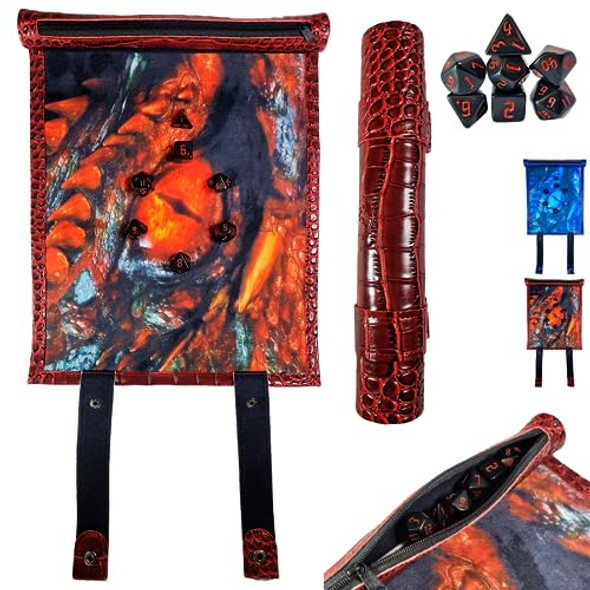 POWER BEAST Dungeon 2 in 1 Dragon Dice Rolling Mat & Dice Holder Dice Tray + Dice Set D&D Polyhedral DND 7pcs Portable Foldable Gaming Scroll Dungeons and Dragons D&D DND RPG. (ICEDRAGON)